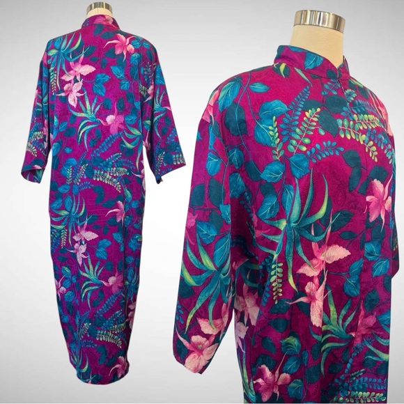 Silky Satin Jacquard Valerie Stevens Magenta Caftan Floral Lounge Maxi Gown Robe - Picture 1 of 10